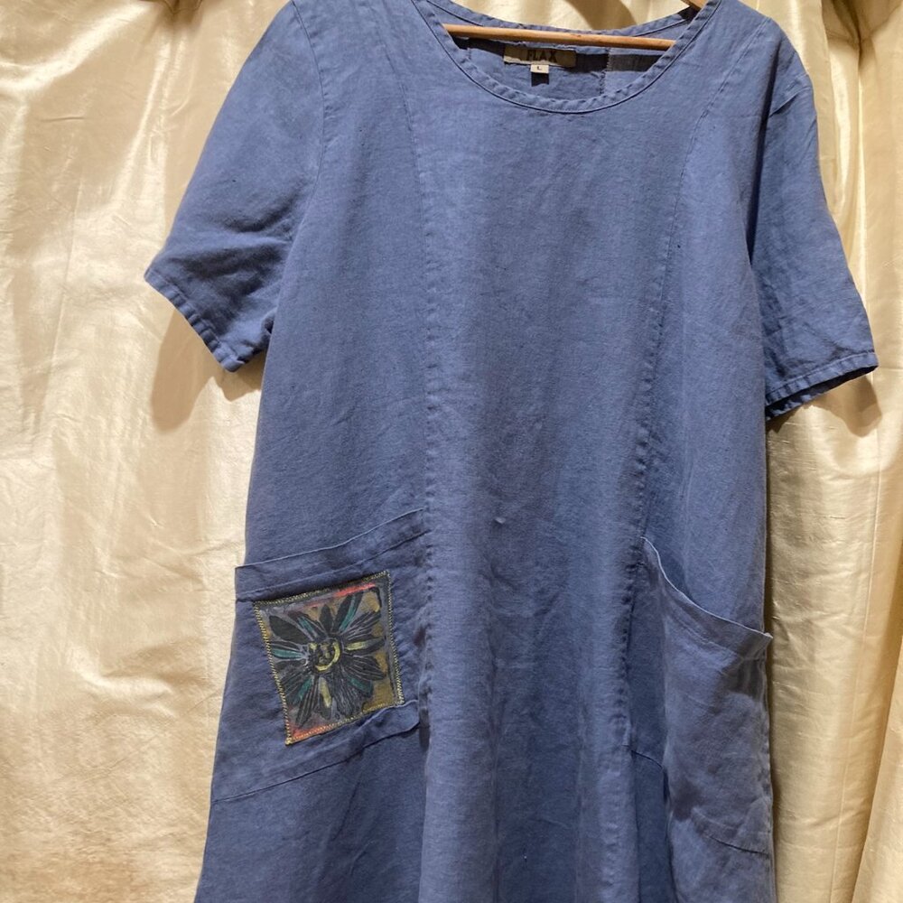 FLAX 100% Linen  L Tunic- Unique handpainted patches, periwinkle.